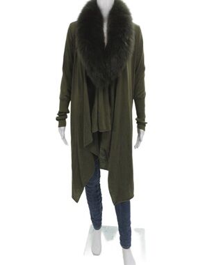 Alice + Olivia Izzy Cascade Fur Collar Cardigan Olive Green Wool/Cashmere - Sz S